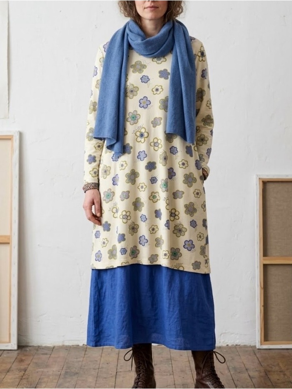 Gudrun Sjoden Organic Cotton Floral Tunic Midi Dress XXL Yellow Blue Cottagecore